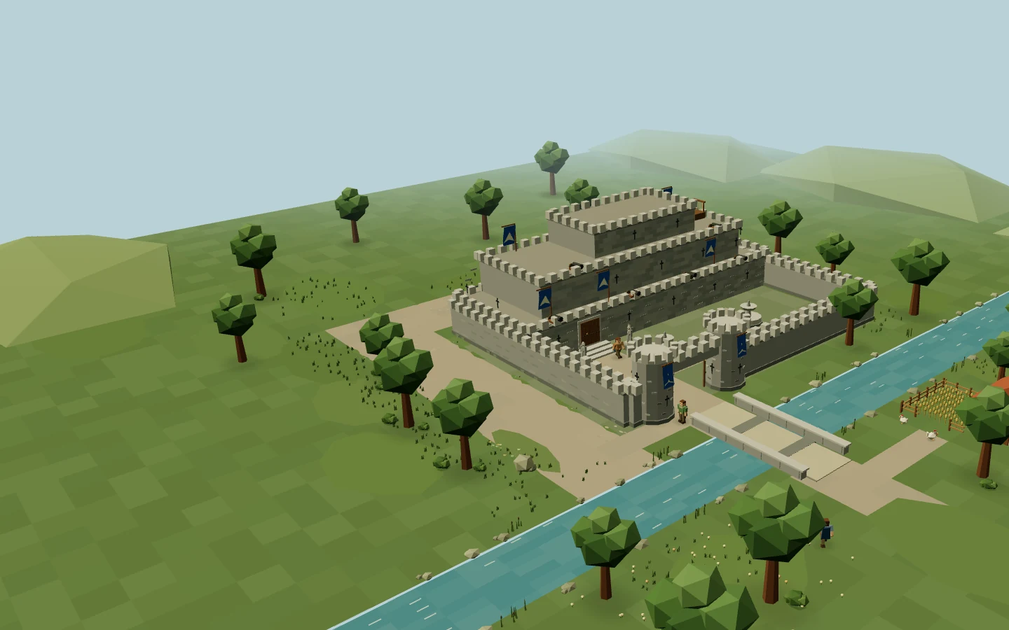Lumbridge Castle, its blue-bannered gate towers and the stone bridge over the River Lum, rendered in the website’s 3D scene.