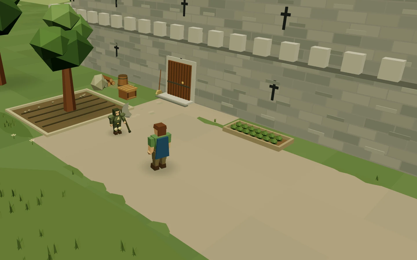 An adventurer meets miniature Dharok beside Lumbridge Castle’s rear entrance.